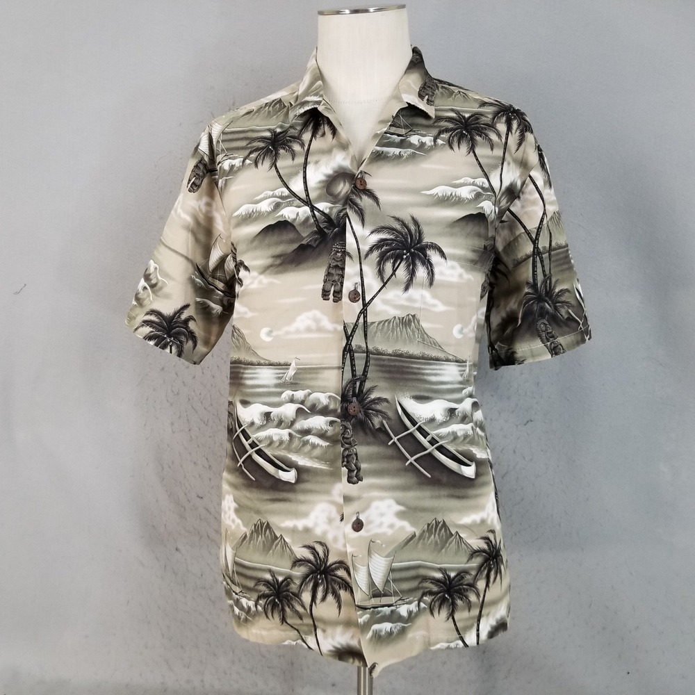 Royal Creations Shirt Men XL Beige Tiki Hawaiian Tropical Palm Tree Cotton Short